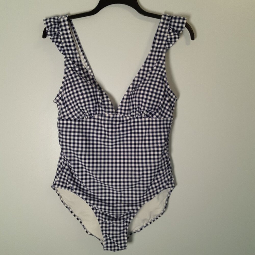 Kona Sol NWT One Piece Swimsuit, Blue & White Gingham, XL, V-neck, Ruffle Strap